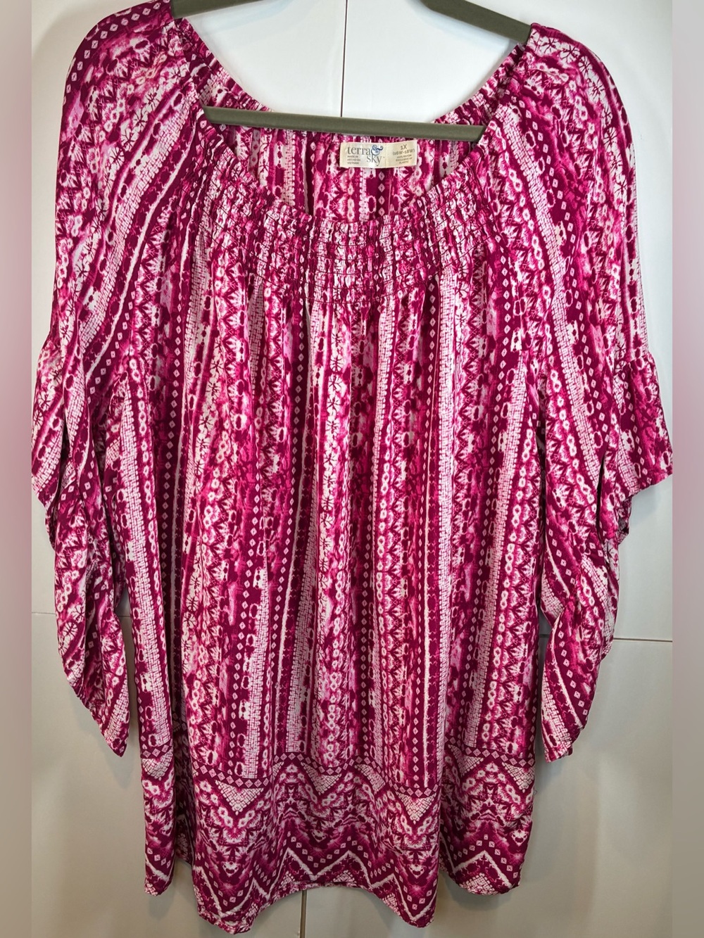 Terra & Sky Fuchsia Burst Boho Peasant Blouse 3/4 Bell Sleeve Plus Size 1X